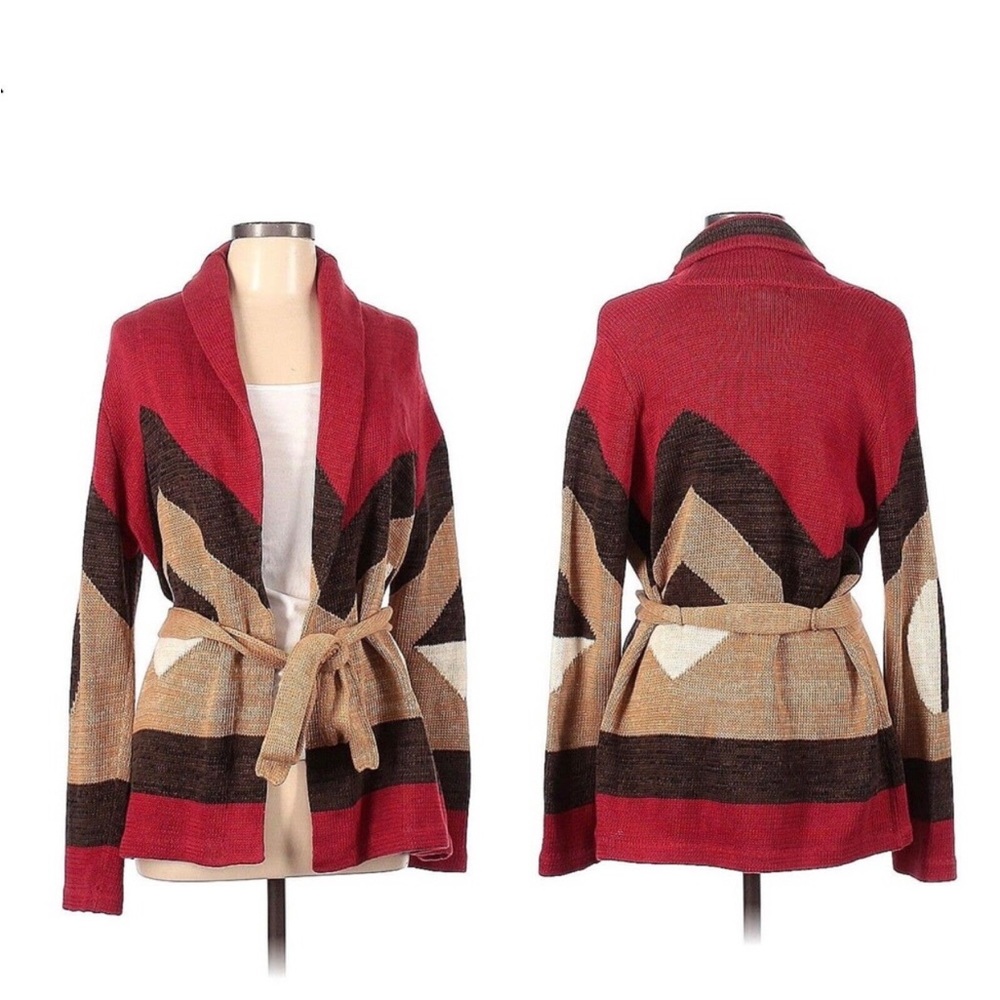 Ralph Lauren Knit Belted Cardigan Red Cotton Linen Southwestern Aztec Large